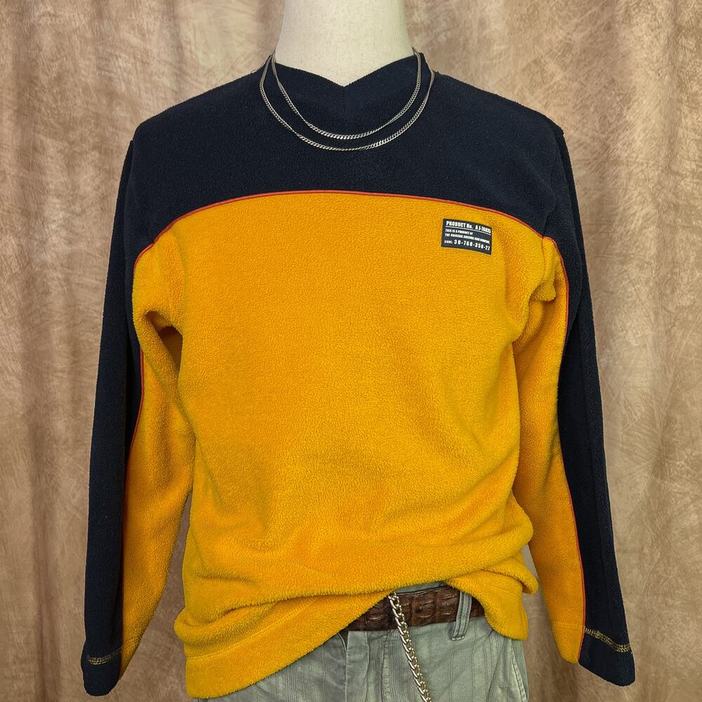 Vintage Y2K Fleece Sweatshirt Color Block Navy Yellow V Neck Long Sleeve Arizona